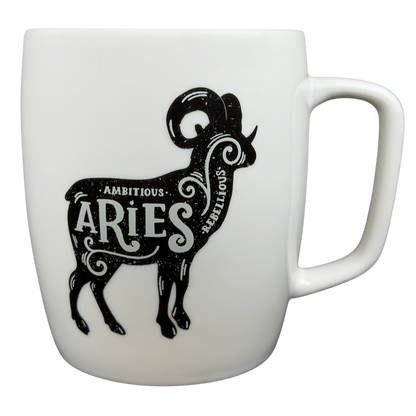 Aries Astrology Zodiac Mug Threshold featuring a decorative ram design with ambitious and rebellious words