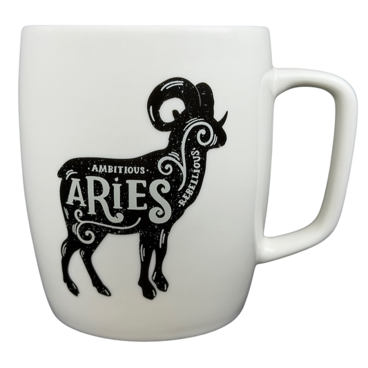 Aries Astrology Zodiac Mug Threshold featuring a decorative ram design with ambitious and rebellious words