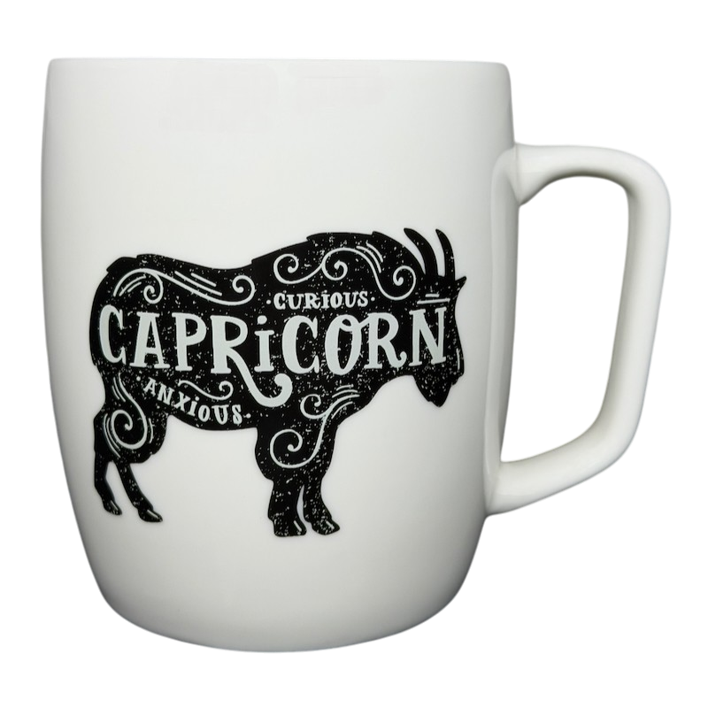 Threshold Capricorn Astrology Zodiac Mug featuring a goat design with curious and anxious text