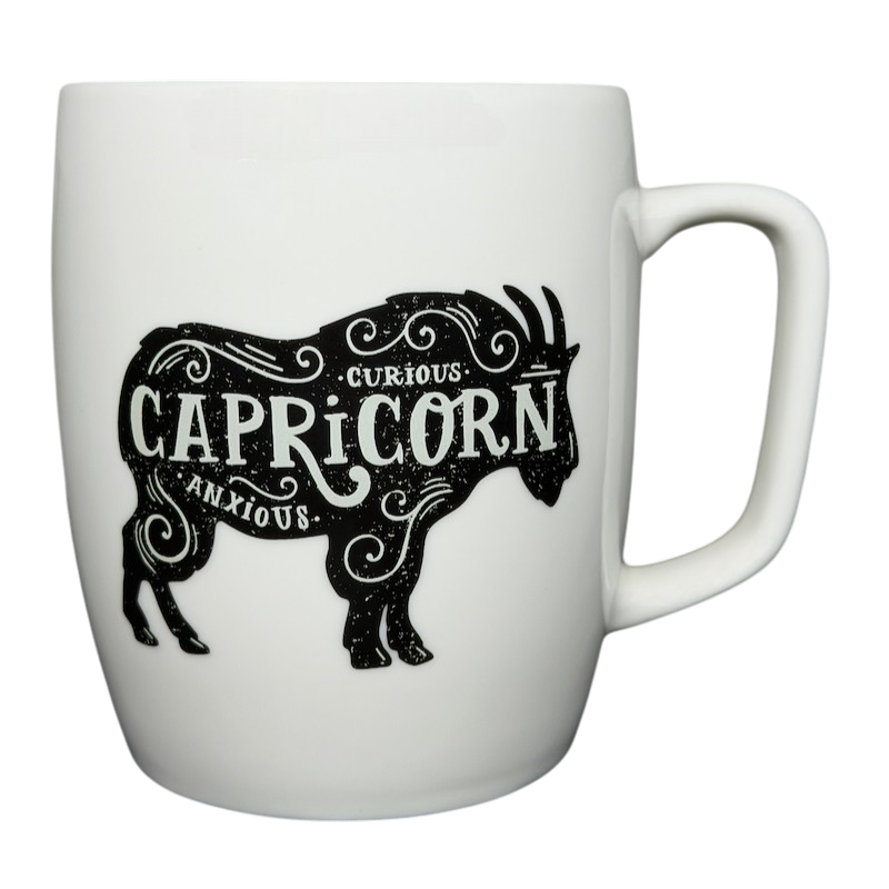 Threshold CAPRICORN Astrology Zodiac Mug featuring a stylish goat design with curious and anxious labels