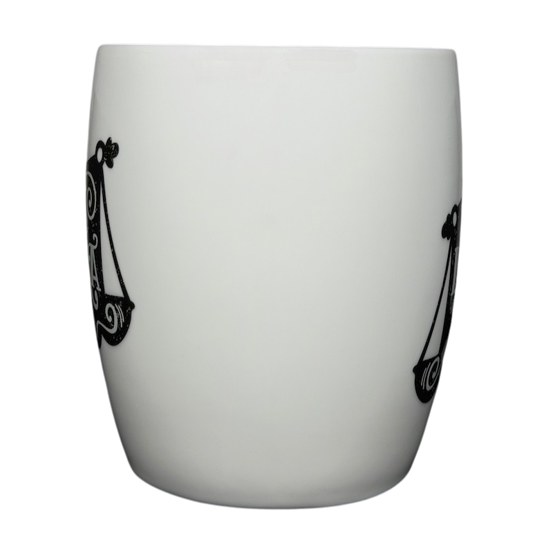 Libra Astrology Zodiac Mug Threshold with elegant black scales design on a white background