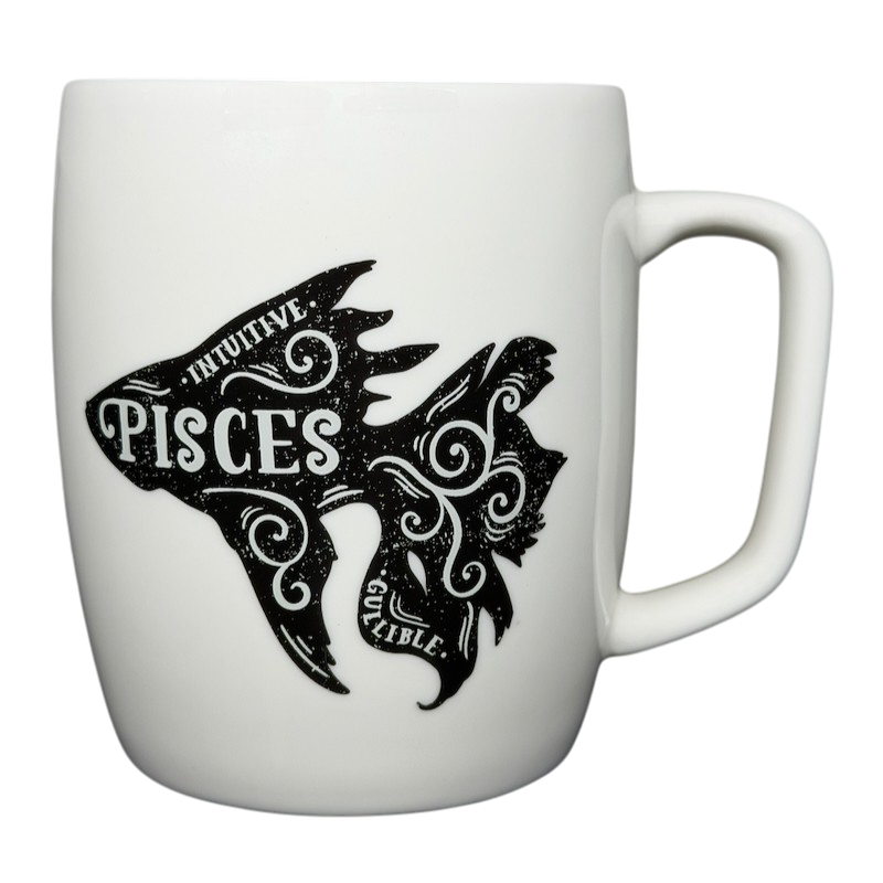 PISCES Astrology Zodiac Mug Threshold featuring an artistic fish design with words intuitive and gullible