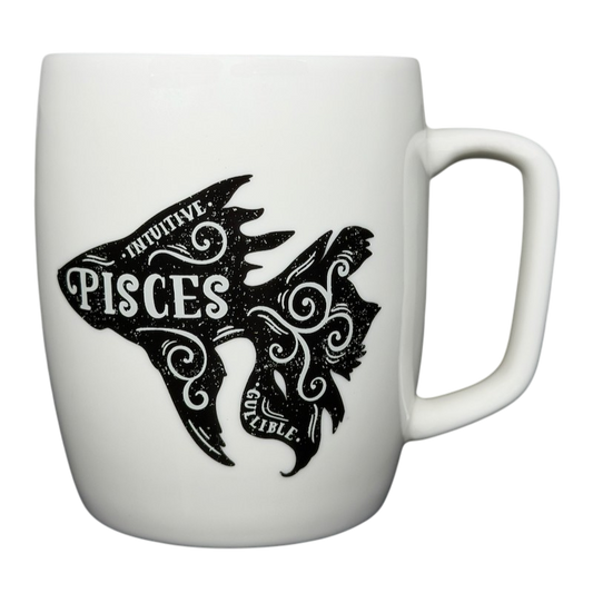 PISCES Astrology Zodiac Mug Threshold featuring an artistic fish design with words intuitive and gullible