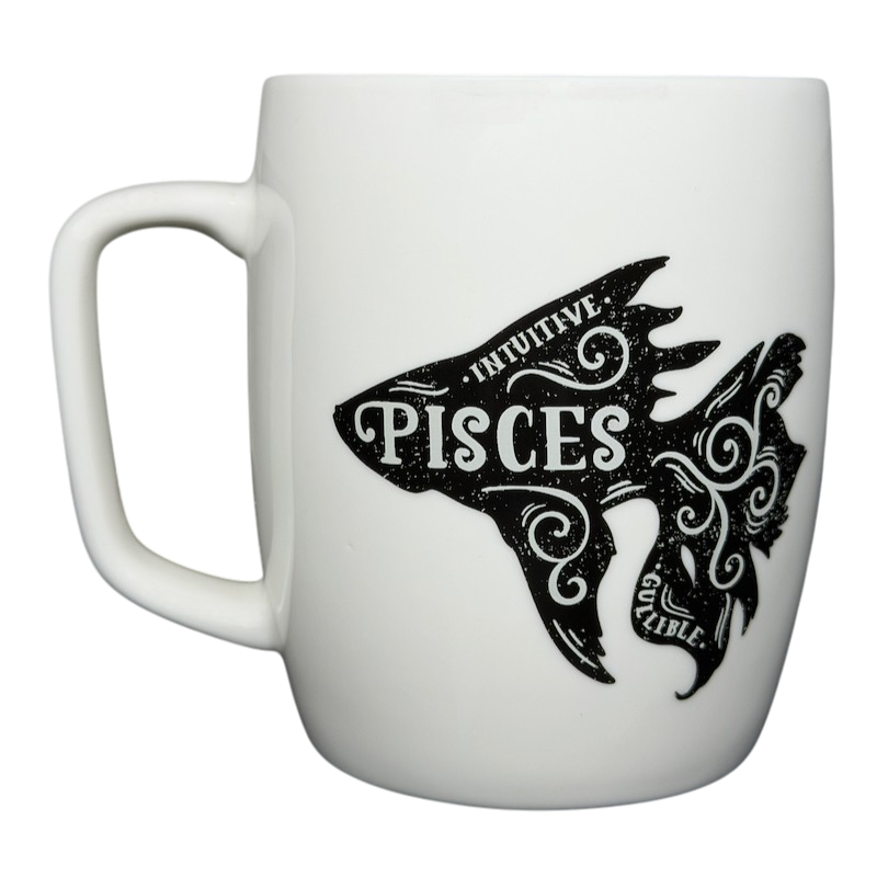 PISCES Astrology Zodiac Mug Threshold featuring an artistic fish design with the word intuitive