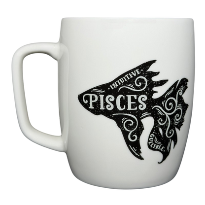 PISCES Astrology Zodiac Mug Threshold featuring an artistic fish design with the word intuitive