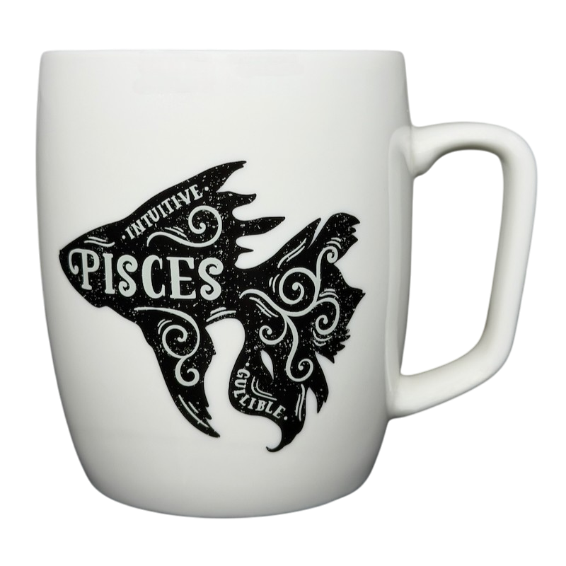 PISCES Astrology Zodiac Mug Threshold featuring an artistic fish design with the words intuitive and gullible