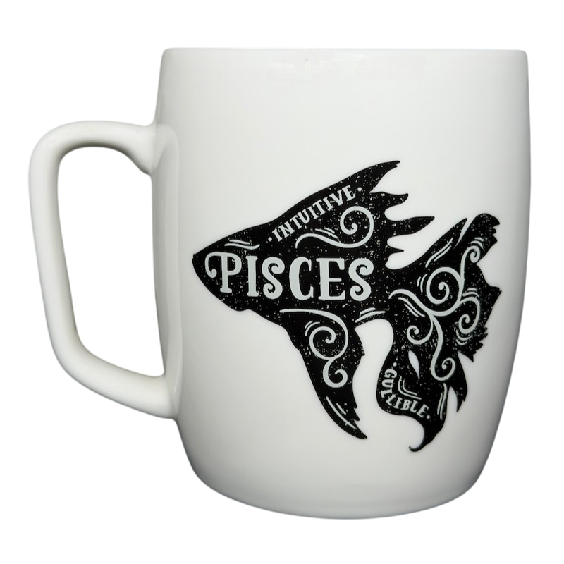 White Threshold PISCES Astrology Zodiac Mug featuring a fish design and floral accents