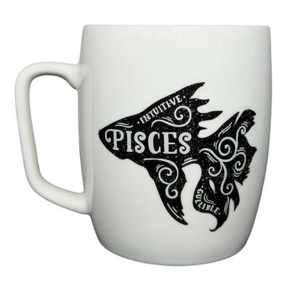 White Threshold PISCES Astrology Zodiac Mug featuring a fish design and floral accents