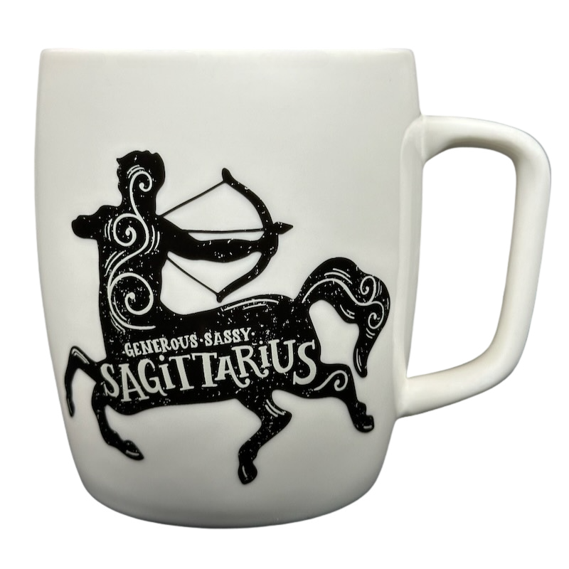 Threshold Sagittarius Astrology Zodiac Mug with a silhouette of a centaur and the word Sagittarius