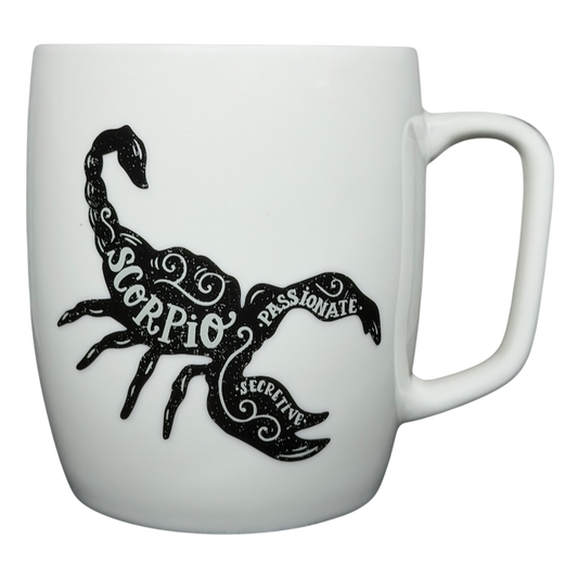 Threshold Scorpio astrology mug collectible featuring a scorpion design and the words passionate and secretive