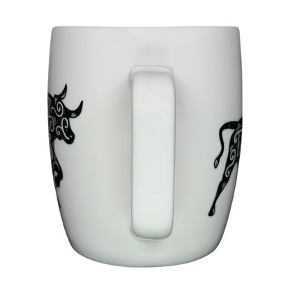 TAURUS Astrology Zodiac Mug Threshold with intricate black bull designs for zodiac enthusiasts