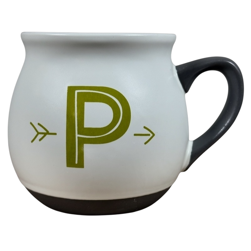 Threshold monogram initial cream P mug ceramic cream rounded coffee mug with green P and arrow accents