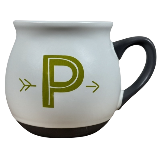 Threshold monogram initial cream P mug ceramic cream rounded coffee mug with green P and arrow accents