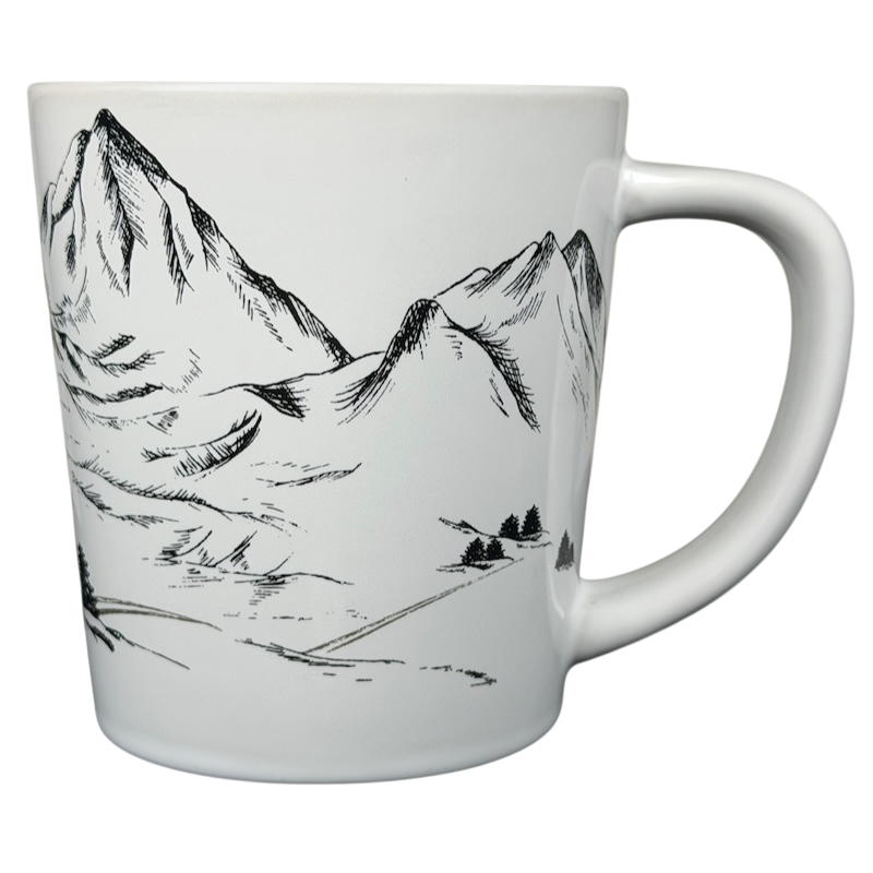 Tim Hortons Winter Ski Scene Mug featuring a detailed mountain landscape design