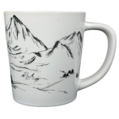 Tim Hortons Winter Ski Scene Mug featuring a detailed mountain landscape design