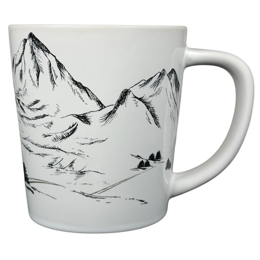 Tim Hortons Winter Ski Scene Mug featuring a detailed mountain landscape design