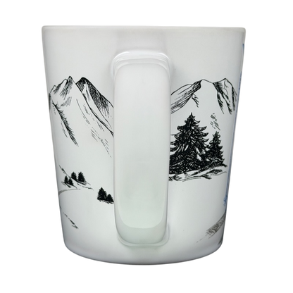 Tim Hortons Winter Ski Scene Mug featuring a detailed mountain and tree design for winter enthusiasts