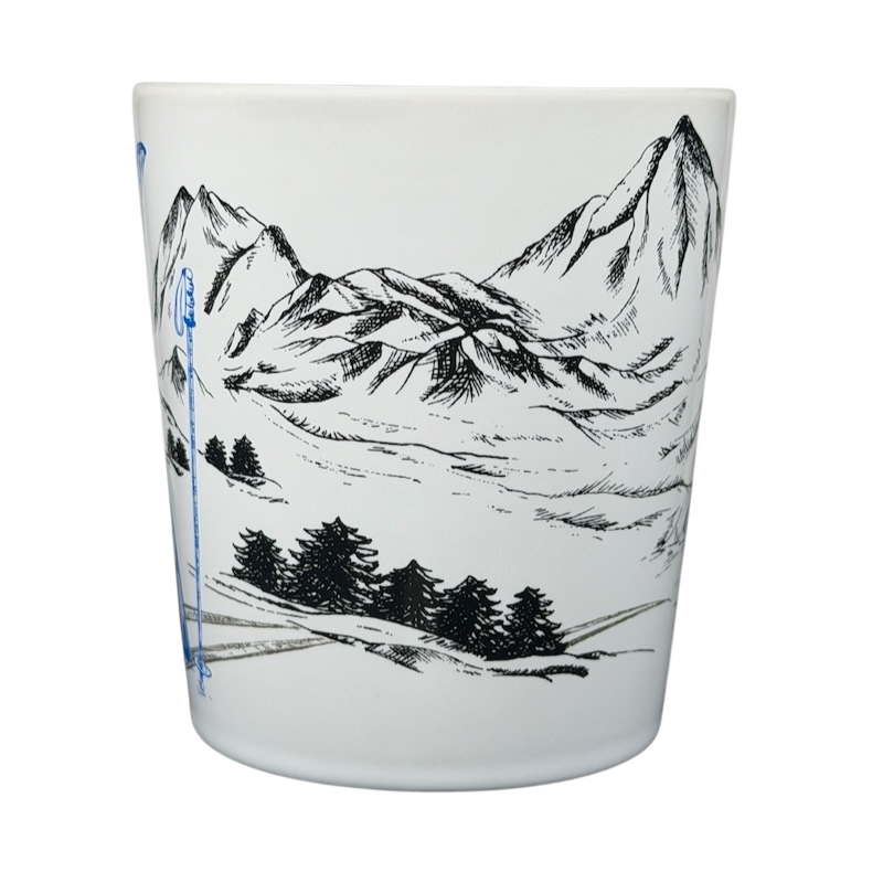 Tim Hortons Winter Ski Scene Mug featuring a scenic mountain landscape design