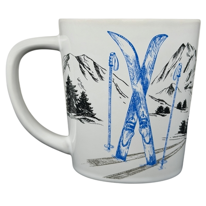 Tim Hortons Winter Ski Scene Mug featuring blue ski equipment against a snowy mountain backdrop