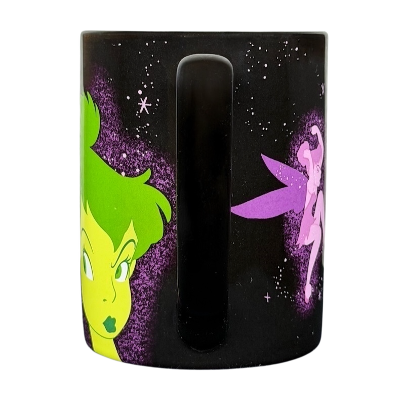 Disney Tinker Bell Pixie Dust mug featuring vibrant Tinker Bell graphics on a black background