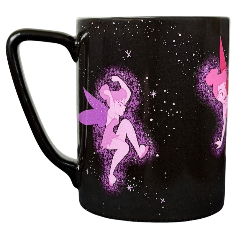 Disney Tinker Bell Pixie Dust mug featuring colorful Tinker Bell designs on a black background