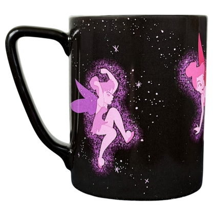 Disney Tinker Bell Pixie Dust mug featuring colorful Tinker Bell designs on a black background