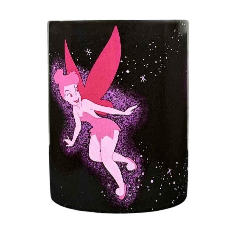 Disney Tinker Bell Pixie Dust mug featuring a vibrant pink fairy design against a starry background