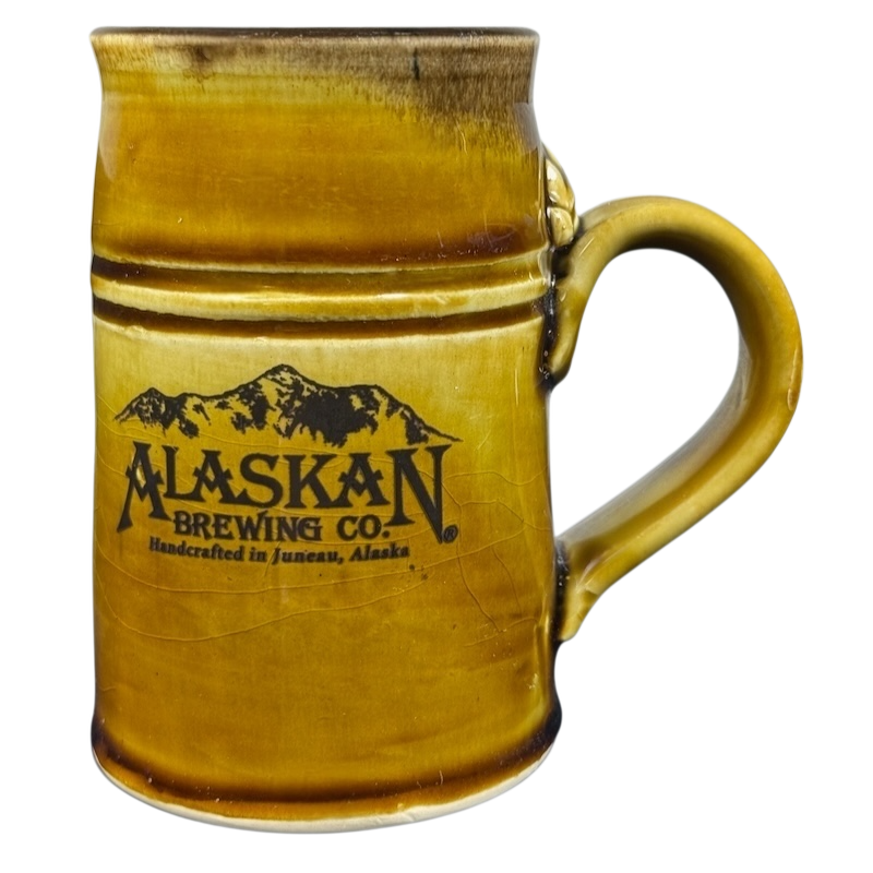 Tom's Pots Alaskan Brewing Co vintage mug in yellow with embossed logo and sturdy handle