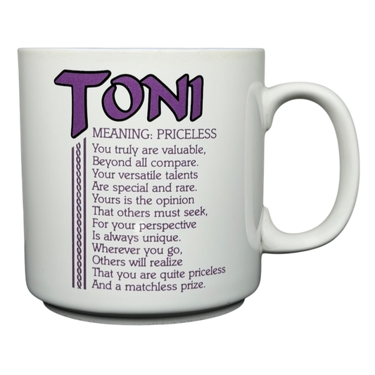 TONI name poetry mug displaying the meaning priceless with personalized messages about value and uniqueness