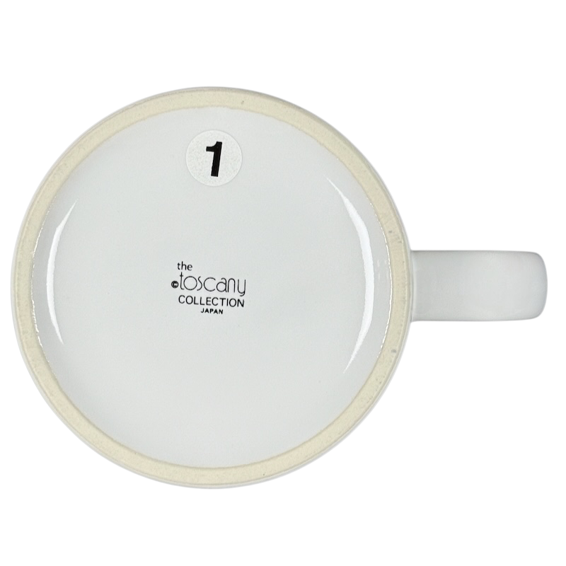 Bottom view of white Kenneth Grooms computer programming vintage mug showing The Toscany Collection logo and handle
