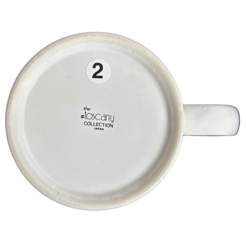 Bottom view of Kenneth Grooms computer programming vintage mug showing The Toscany Collection Japan mark and handle