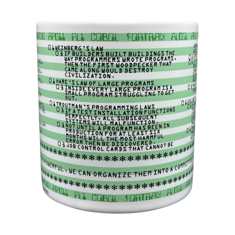 Kenneth Grooms computer programming vintage mug white ceramic with green code stripe and printed programming laws text