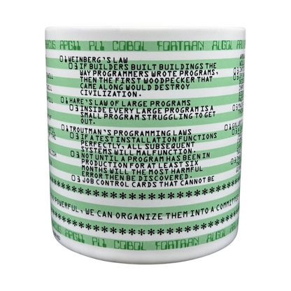 Kenneth Grooms computer programming vintage mug white ceramic with green code stripe and printed programming laws text