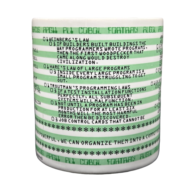Kenneth Grooms computer programming vintage mug white ceramic with green punch card stripes and programming laws text