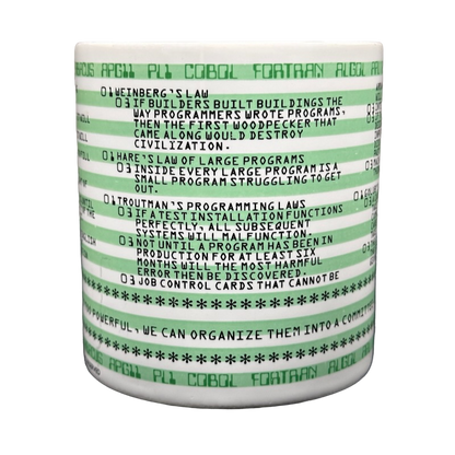 Kenneth Grooms computer programming vintage mug white ceramic with green punch card stripes and programming laws text