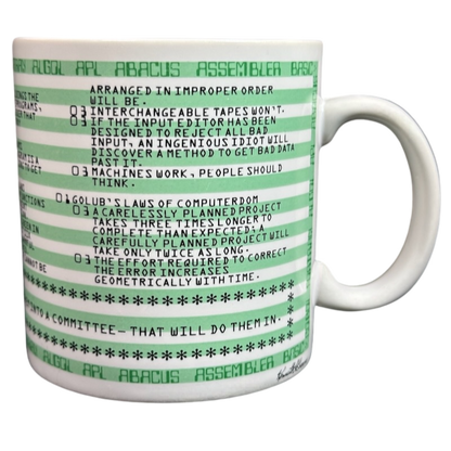 Kenneth Grooms computer programming vintage mug white ceramic with green code stripes and printed programming axioms