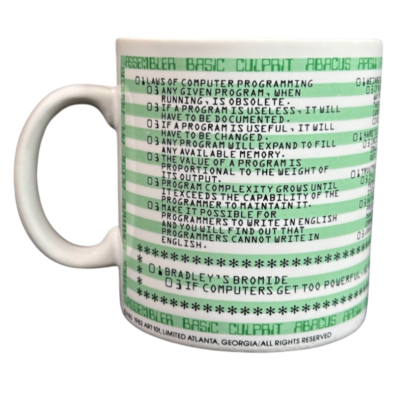 Kenneth Grooms computer programming vintage mug white ceramic with green printed programming laws and stripes