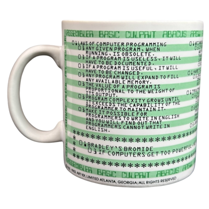 Kenneth Grooms computer programming vintage mug white ceramic with green printed programming laws and stripes