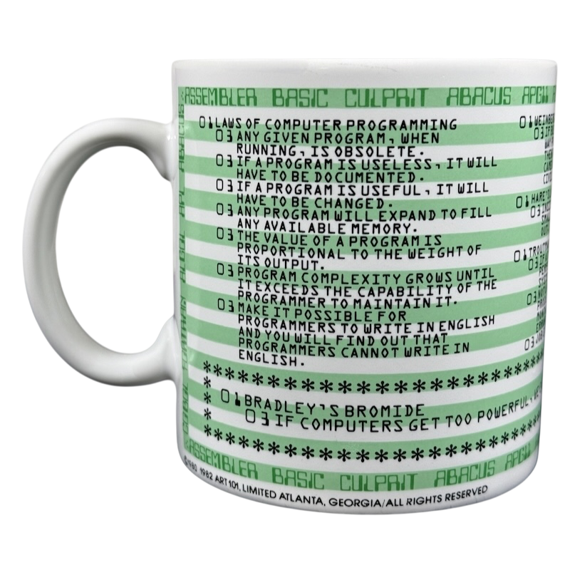 Kenneth Grooms computer programming vintage mug white ceramic with green printed laws of computer programming text