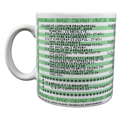 Kenneth Grooms computer programming vintage mug white ceramic with green printed laws of computer programming text