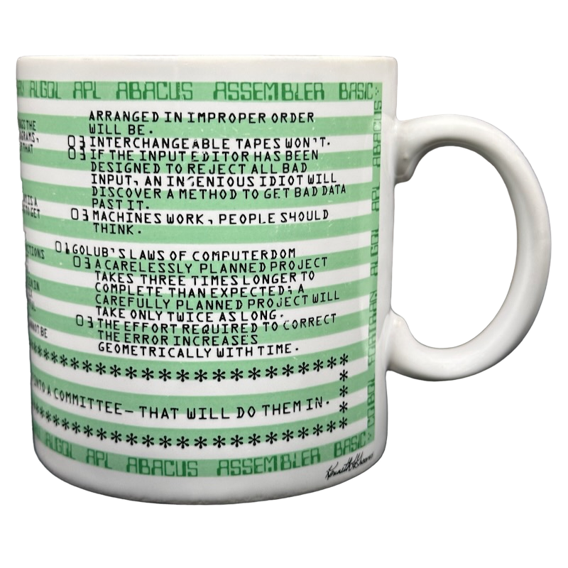 Kenneth Grooms computer programming vintage mug white ceramic with green code lines and programming jokes