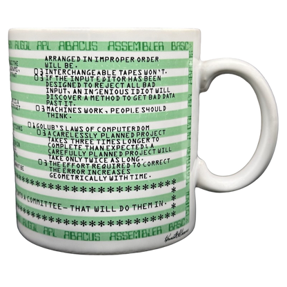 Kenneth Grooms computer programming vintage mug white ceramic with green code lines and programming jokes
