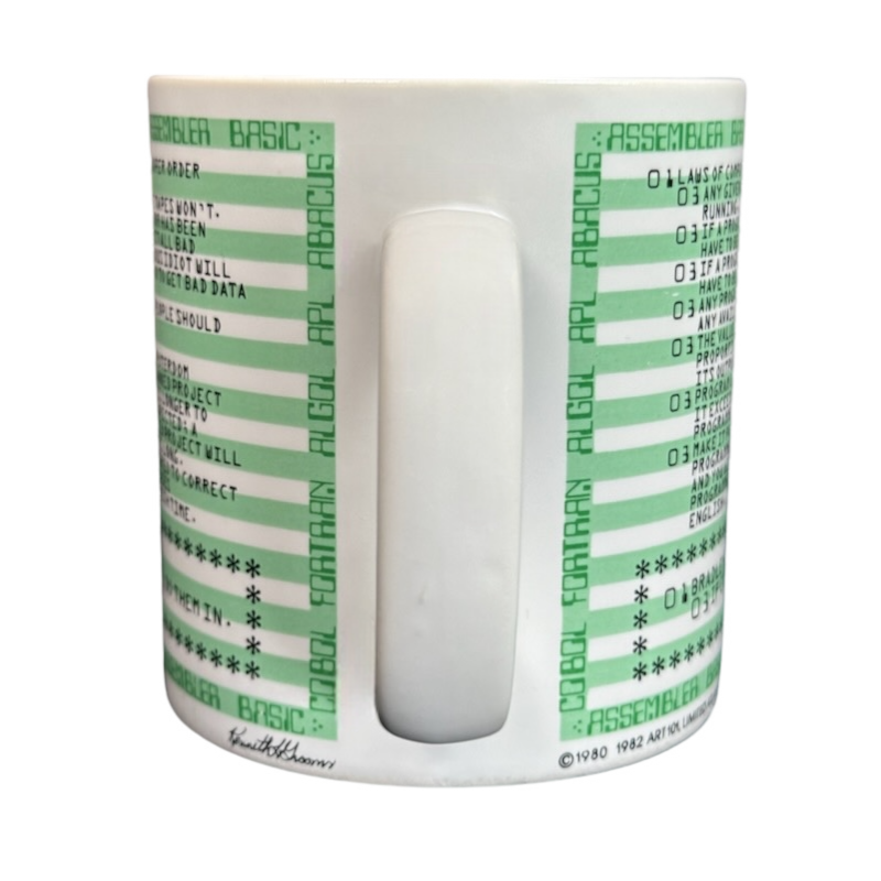 Kenneth Grooms computer programming vintage mug white ceramic with green printed code listings and centered handle