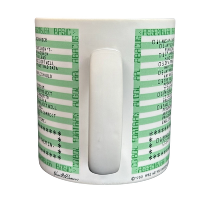 Kenneth Grooms computer programming vintage mug white ceramic with green printed code listings and centered handle