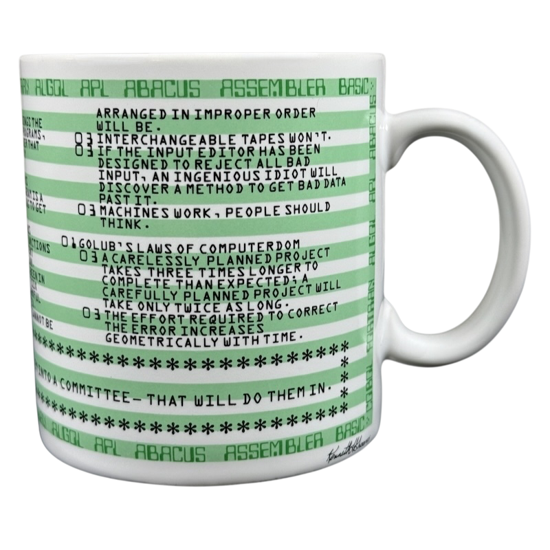 Kenneth Grooms computer programming vintage mug with green code stripes and humorous programming rules text