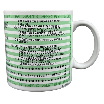 Kenneth Grooms computer programming vintage mug with green code stripes and humorous programming rules text