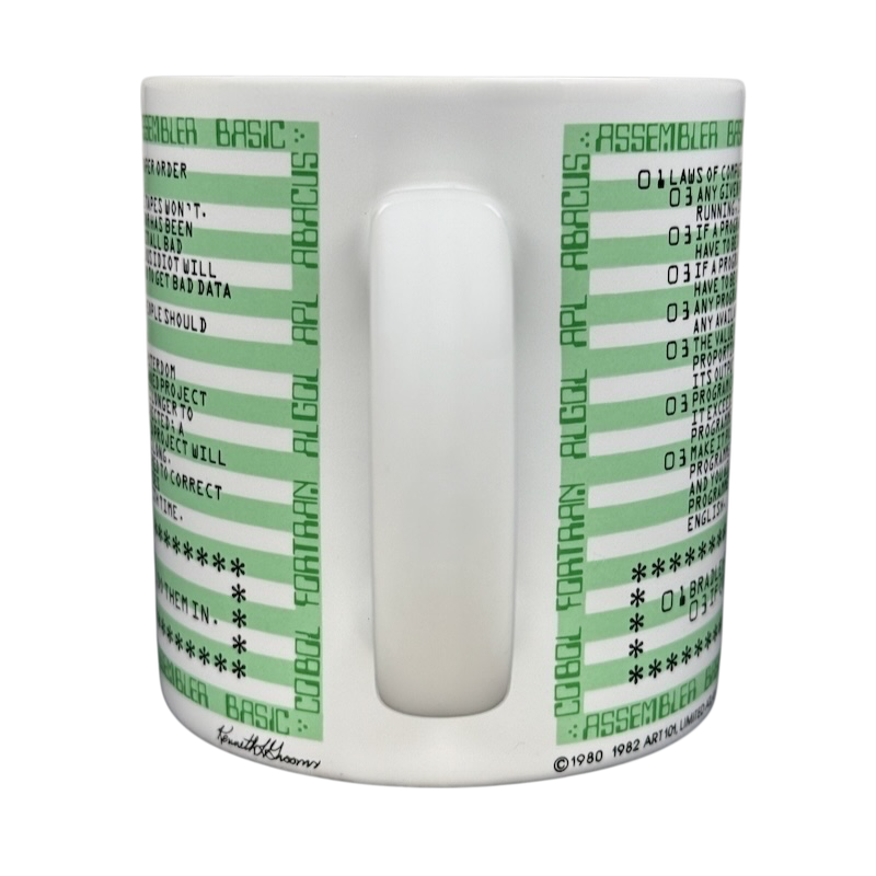 Kenneth Grooms computer programming vintage mug white ceramic with green printed vintage code listings around handle