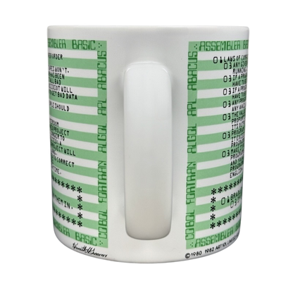 Kenneth Grooms computer programming vintage mug white ceramic with green printed vintage code listings around handle