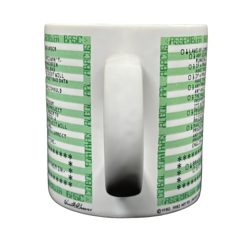White ceramic mug with green programming code wrap and centered handle Kenneth Grooms computer programming vintage mug