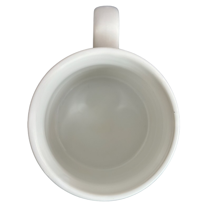 Top view of white ceramic mug with handle empty Kenneth Grooms computer programming vintage mug from The Toscany Collection